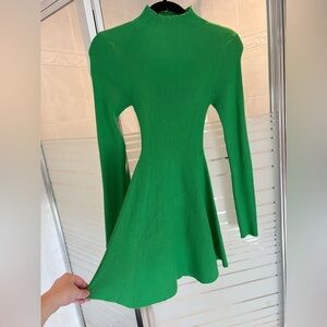 Yllw the Label Mock Neck Rib Knit Skater Mini Dress Bright Green Sz medium